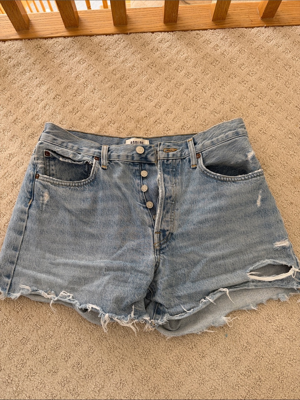 AGOLDE OLight Blue High-Rise Button-Fly Denim Shorts with Frayed Hem. Parker Lon
